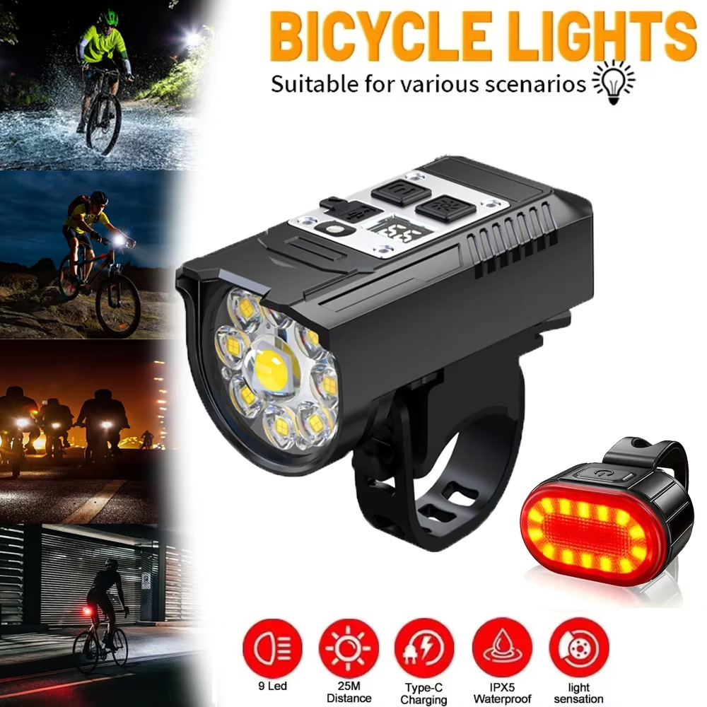 Outdoor Lighting Bollards - Lampu Depan Sepeda LED 9 Lampu,